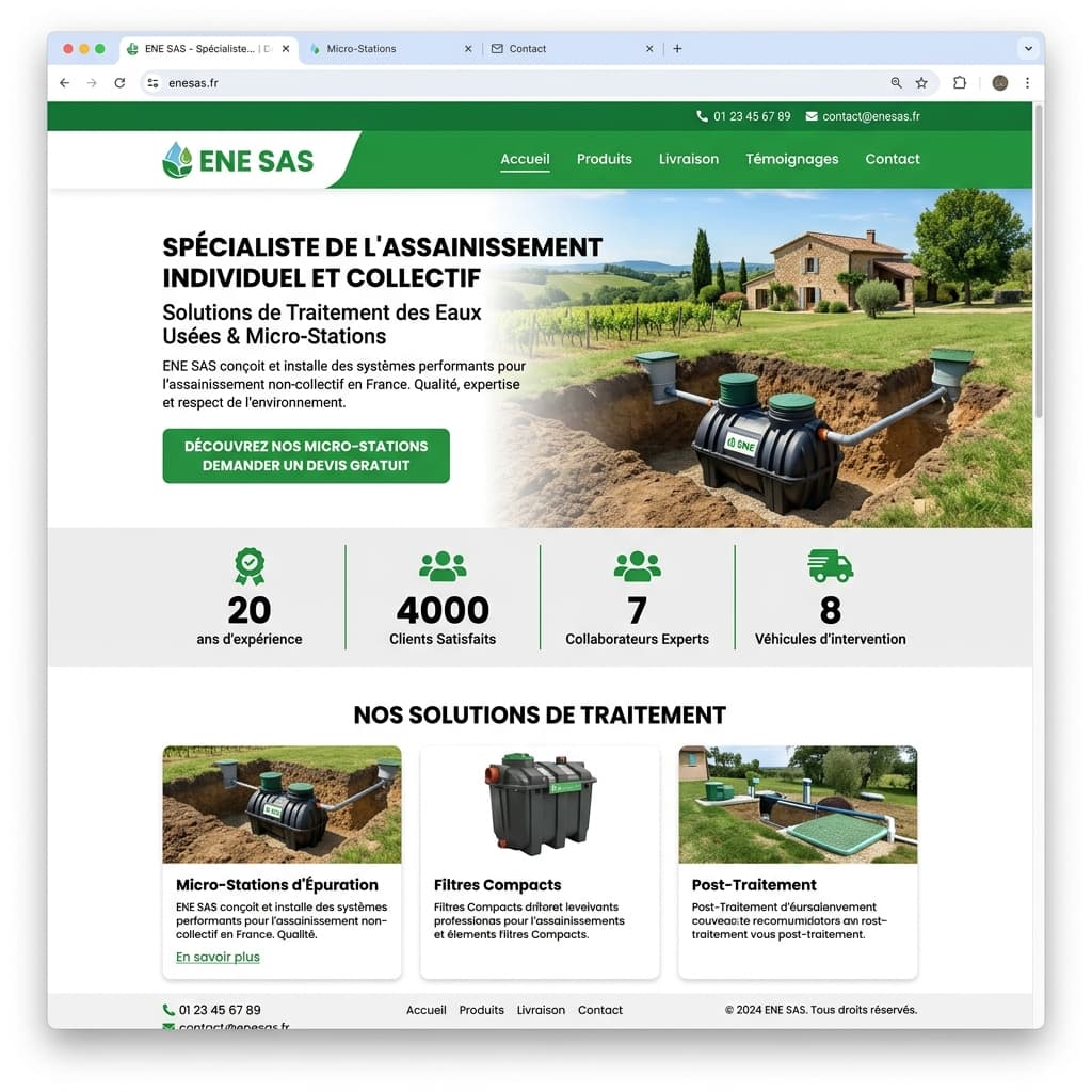 Page d'accueil du site ENE Micro-Station, spécialiste assainissement