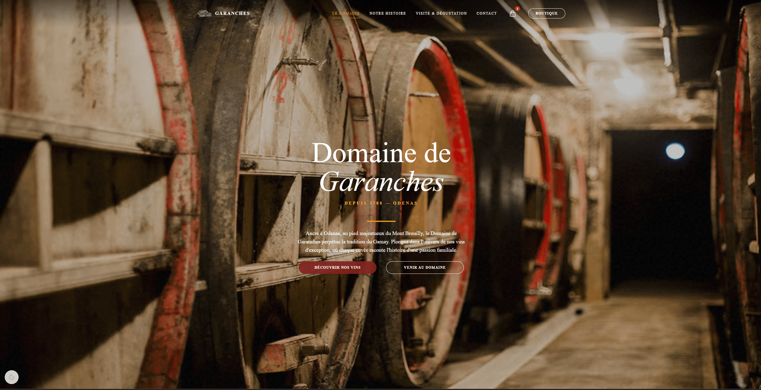 Page d'accueil du site e-commerce de vins Garances, design sombre et élégant