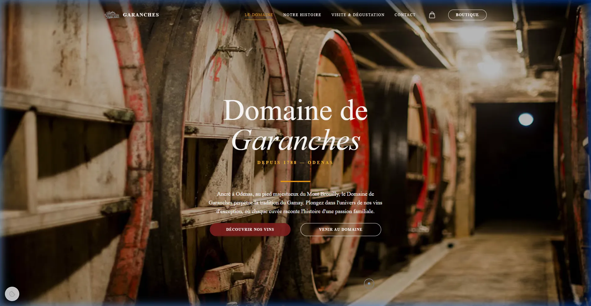 Page d'accueil du site e-commerce de vins Garanches, design sombre et élégant
